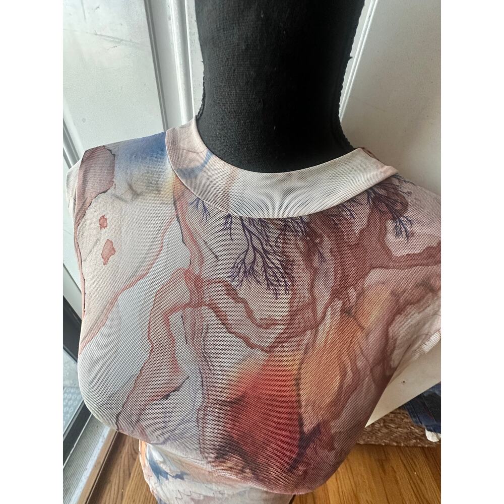 Blanc Clothing Sheer Mesh Bodysuit Abstract Print Long Sleeve Trendy L - Picture 3 of 7